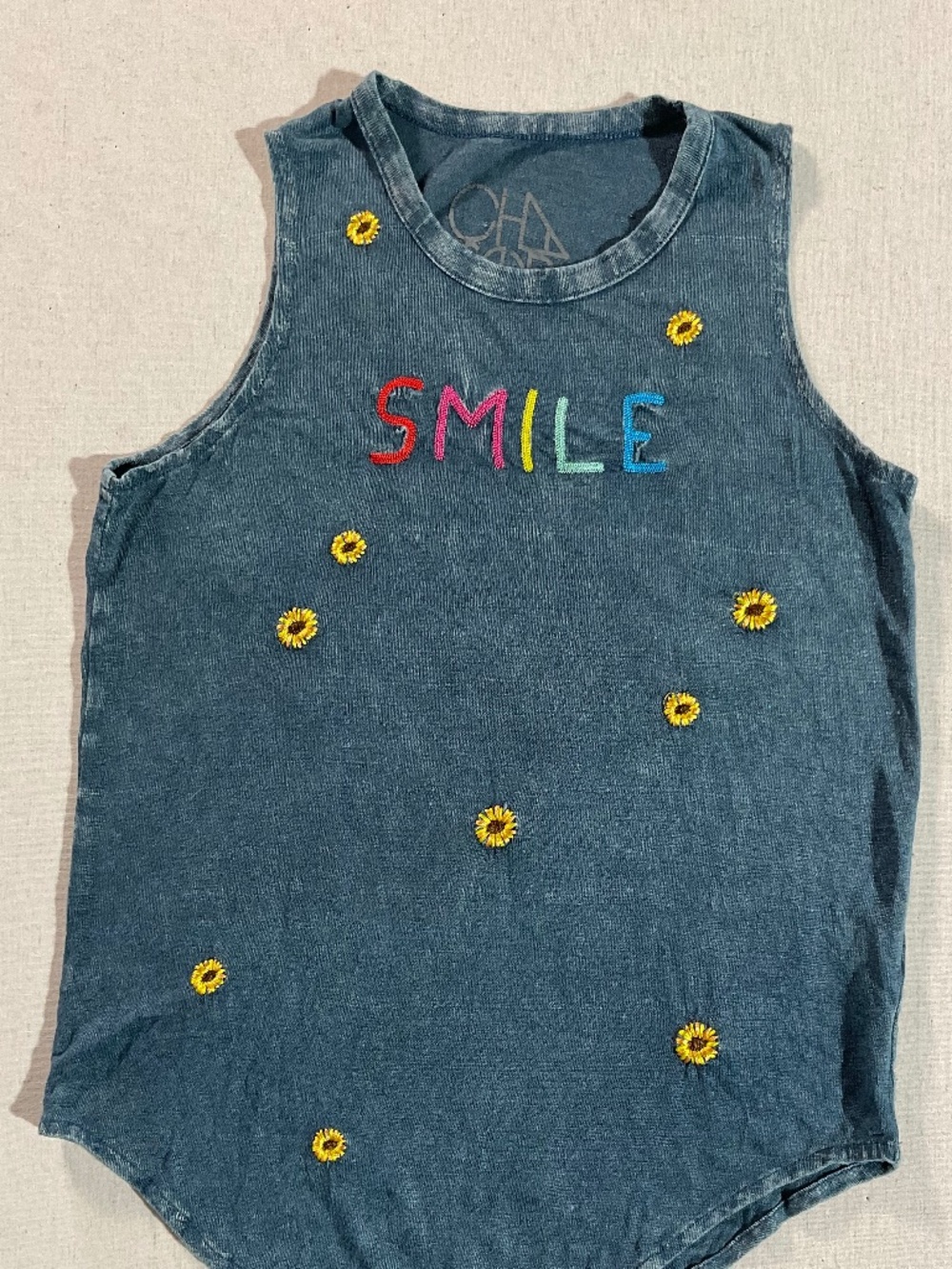 Chaser Girls "Smile" Sunflower Embroidered Tank Denim-Look Linen Size 10